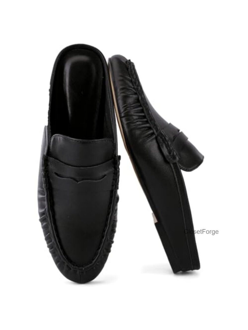 Faux Leather Flat Mules Penny Loafers Round Toe Slip On Women